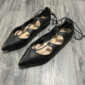 Loeffler Randall Ambra Women 7.5 Leather Strappy Ankle Tie Ballerina Flats Black